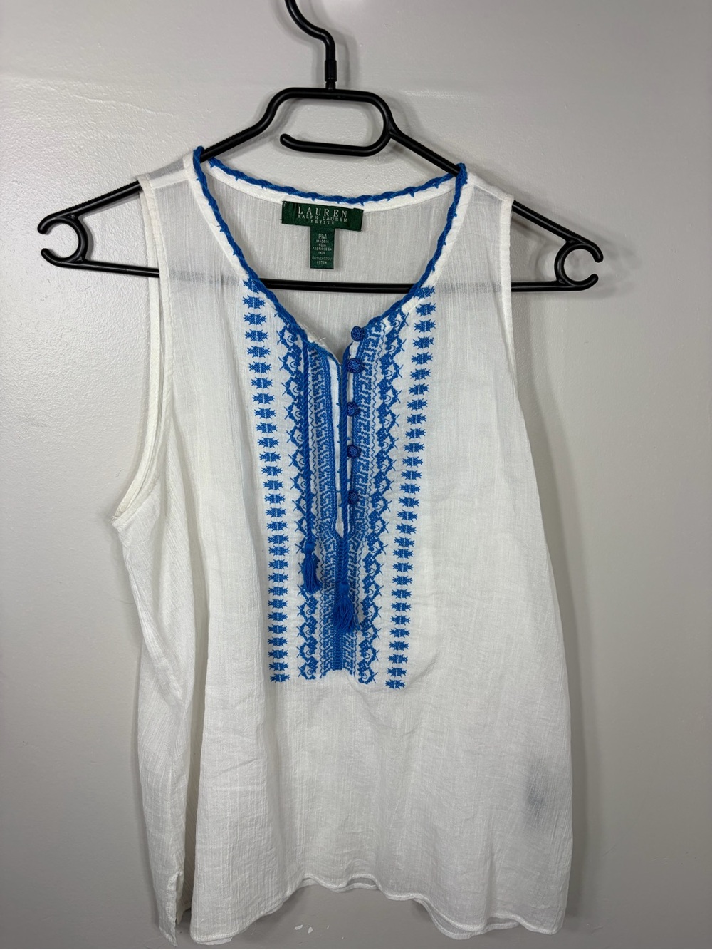 Lauren Ralph Lauren Petite White‎ Blue Embroidered Sleeveless Top PM